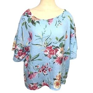 Bella Umbra Linen Blouse Sz M Blue Aqua Floral Tropical Ruffle Sleeves Top Italy